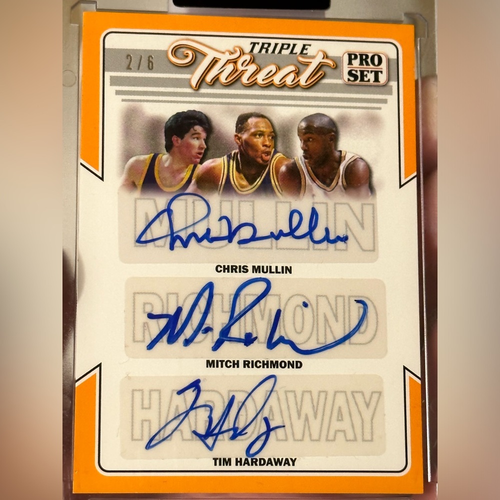 Chris Mullin, Tim Hardaway, Mitch Richmond.. Leaf 22’Triple Auto Card tt-08 2/6